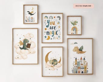 Baby Dragon Nursery Prints, Fantasy Mythical Wall Art, Mythical Kids Room Decor, Set of 6 Digital Downloads, Watercolour Teal and Gold,
