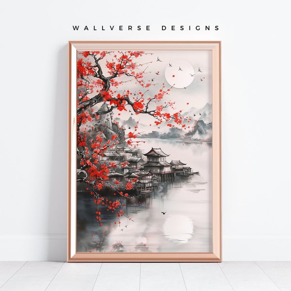 Printable Cherry Blossom Japanese Village in Mountain Bay Ink Painting Arte Japones Japanische Kunst Wall Art Digital Download