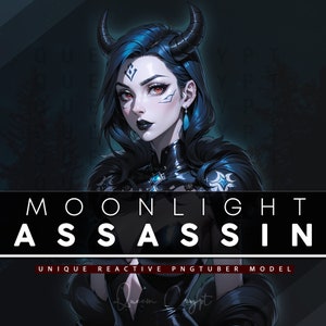 Peut inclure: Illustration numérique d'une femme aux cheveux bleu foncé et aux cornes, portant une tenue en cuir noir avec une pierre précieuse bleue. L'arrière-plan est sombre et flou. Le texte "MOONLIGHT ASSASSIN UNIQUE REACTIVE PNGTUBER MODEL" est en bas de l'image.