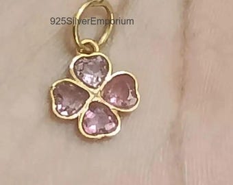 14k Gold Clover Pendant: Pink Sapphire Flower Charm duty/Tariff free