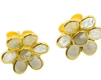 Rose Cut Polki Diamond Flower Stud Earrings, 925 Sterling Silver