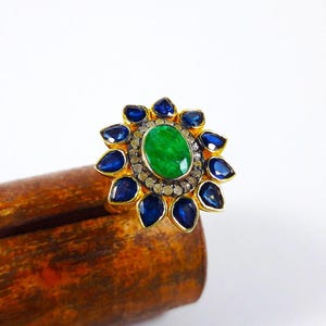 Emerald & Sapphire Flower Ring: Pave Diamond, Sterling Silver duty/Tariff free