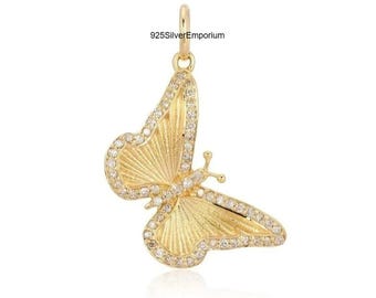 14K Yellow Gold Diamond Butterfly Pendant Charm (21mm)