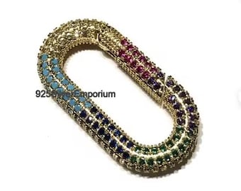14k Gold Plated Silver Oval Charm Clasp, Multi Sapphire Gemstone Lock (28x17 mm)