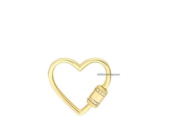 14k Solid Gold Heart Carabiner, Diamond Screw Lock Clasp