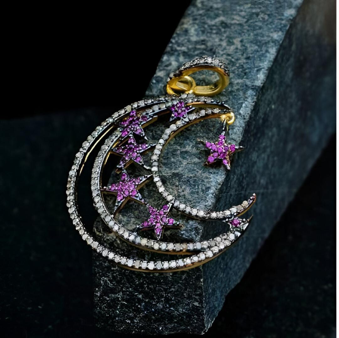 Handmade Ruby & Pave Diamond Crescent Moon Pendant, 925 Sterling Silver ...