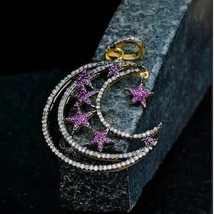 Handmade Ruby & Pave Diamond Crescent Moon Pendant, 925 Sterling Silver duty/Tariff free