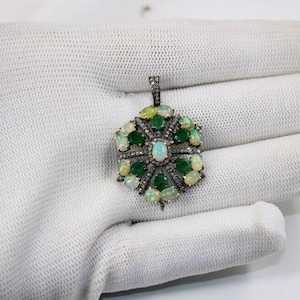Handmade Fire Opal & Emerald Pendant: Pave Diamond, Sterling Silver Charm duty/Tariff free