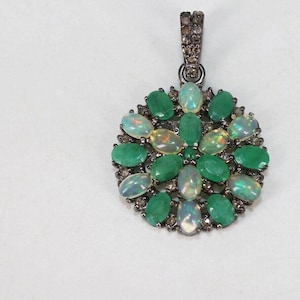 Emerald & Opal Gemstone Pendant: Pave Diamond, 925 Sterling Silver duty/Tariff free