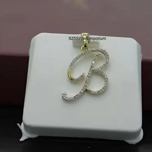 14k Solid Gold Script Initial B Pendant, Moissanite Diamond Charm (DDP)