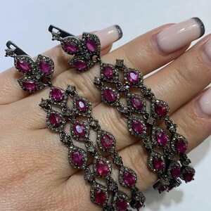Sterling Silver Dangle Earrings: Ruby, Pave Diamond, Handmade duty/Tariff free
