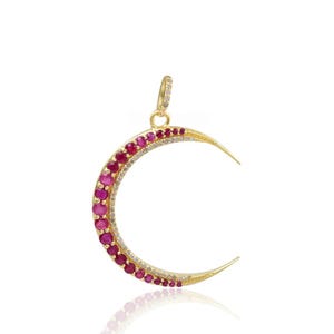 14k Gold Ruby Crescent Moon Pendant: Silver Emerald and Diamond Charm duty/Tariff free