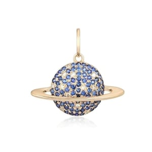 14k Gold Saturn Charm Pendant: Blue Sapphire & Moissanite Diamond duty/Tariff free