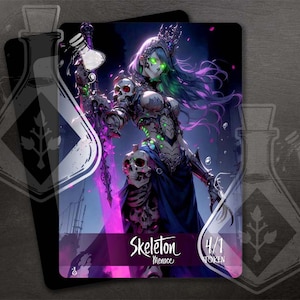 May include: A purple and black skeleton creature with a crown and a sword. The creature has green eyes and a menacing expression. The card reads "Skeleton 4/1 Token Menace".