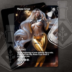 Puede incluir: Una carta de Magic: The Gathering con una ilustración dorada y blanca de una mujer con el pelo suelto. La carta se titula "Mana Crypt" e incluye el texto "Artifact" y "At the beginning of your upkeep, flip a coin. If you lose the flip, Mana Crypt deals 3 damage to you. Add ."
