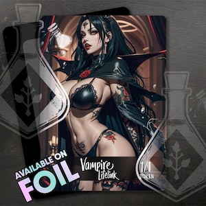 Ficha de vínculo vital de vampiro para TCG - Arte personalizado completo - Rojo - GOTH Precioso vampiro de anime con ojos rojos