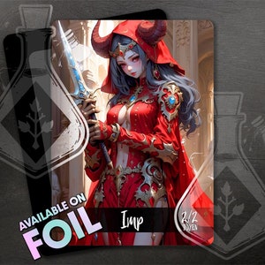 May include: A fantasy art card featuring a character in a red hooded outfit with horns, holding a blue and silver sword. The card has the text "Imp" and "2/2 Token" with the words "Available on Foil" in the lower left corner.