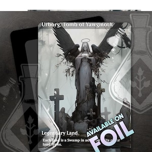May include: A black and white illustration of a Magic: The Gathering card depicting a stone angel with wings spread wide. The card is titled "Urborg, Tomb of Yawgmoth" and is a Legendary Land. The text on the card reads "Each land is a Swamp in addition to its other land types."