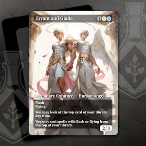 Pode incluir: Um cartão de Magic: The Gathering com dois anjos brancos alados com o texto "Errant e Giada" e "Criatura lendária - Anjo humano". O cartão tem o texto "Relâmpago", "Voar", "Você pode olhar para o topo do seu grimório a qualquer momento." e "Você pode conjurar feitiços com relâmpago ou voar do topo do seu grimório." O cartão tem uma força de 2 e uma resistência de 3.