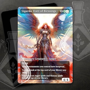 Pode incluir: Um cartão de Magic: The Gathering com Sigarda, Font of Blessings, uma criatura lendária anjo com símbolos de mana branco e azul. A arte do cartão representa uma mulher anjo alada com uma espada e uma túnica vermelha e branca que flui. O texto do cartão diz "Voar, Os outros permanentes que você controla têm hexproof. Você pode olhar para o cartão superior de seu grimório a qualquer momento. Você pode conjurar feitiços de anjo e feitiços humanos do topo de seu grimório. 4/4".