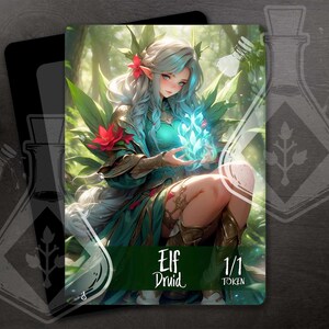 Elfe druide 1/1 - jeton pour JCC - art personnalisé complet - elfe gracieux : la magie druidique enchante tout, waifu anime