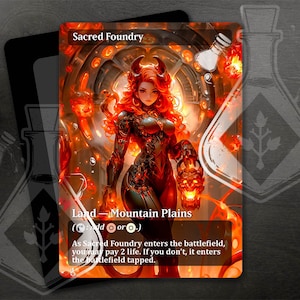 May include: A fantasy-style illustration of a red-haired woman with horns, wearing a black and red outfit, standing in front of a fiery background. The text "Sacred Foundry" and "Land - Mountain Plains" is visible at the top of the card. The card has a red, orange, and yellow color scheme.