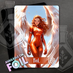 Ficha BIRD para TCG 2/2 - Arte personalizado completo - Linda waifu de anime con forma de ángel naranja