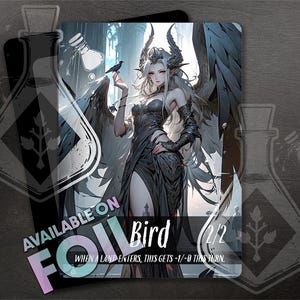 BIRD TOKEN 2/2  - Full Custom Art - Anime Waifu token - Dark-Winged Queen Commands Her Faithful Shadow Companion