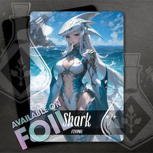 May include: A fantasy illustration of a woman with long white hair and blue eyes, wearing a white and blue swimsuit with a shark fin on her back. The background is a blue ocean with white waves. The text "Shark Flying" is at the bottom of the image.
