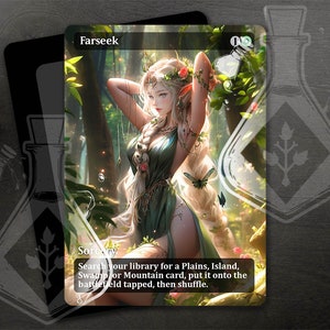 May include: A Magic: The Gathering card with a green, blue, and white color scheme. The card features a woman with long blonde hair and green clothing standing in a forest. The card text reads "Farseek" and "Sorcery". Search your library for a Plains, Island, Swamp or Mountain card, put it onto the battlefield tapped, then shuffle.
