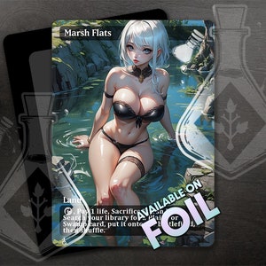 Puede incluir: Una carta de Magic: The Gathering con una mujer en bikini negro de pie en un pantano. La carta se titula "Marsh Flats" y tiene el texto "Pagar 1 vida, Sacrificar esta tierra: Busca en tu biblioteca una carta de pantano, ponla en el campo de batalla, luego baraja."