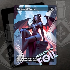 May include: A fantasy-themed Magic: The Gathering card featuring a woman with horns and wings, sitting on a stone tower. The card text reads "Command Tower" and "Land - Add one mana of any commander's color identity."