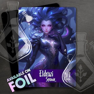 Könnte beinhalten: Eine lila und blaue Eldrazi Spawn Token-Karte mit einer Frau mit langen blauen Haaren und einem schwarzen Outfit. Die Karte trägt den Text "Eldrazi Spawn" und "0/1 Token". Die Karte ist in Folie erhältlich.