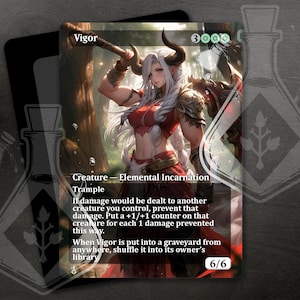 May include: A fantasy creature card with a red, white, and black color scheme. The card features a female creature with horns, white hair, and red clothing. The card text reads "Vigor" and "Creature - Elemental Incarnation".