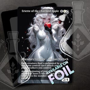 May include: A fantasy-style illustration of a woman with long white hair holding a red apple. The image is a Magic: The Gathering card for Eriette of the Charmed Apple, a legendary creature - human warlock. The card text reads: "Each creature that's enchanted by an Aura you control can't attack you or planeswalkers you control. At the beginning of your end step, opponent loses X life, where X is the number of Auras you control."