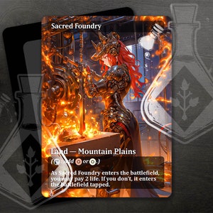 May include: A fantasy-style illustration of a woman in armor working on a forge. The image is for a Magic: The Gathering card called "Sacred Foundry". The card text reads: "Land - Mountain Plains (Add or.) As Sacred Foundry enters the battlefield, you may pay 2 life. If you don't, it enters the battlefield tapped."