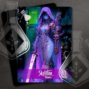 May include: A purple and blue skeleton creature with a sword and skulls. The creature is wearing a hooded cloak. The text "Skeleton Menace 4/1 Token" is at the bottom of the card.