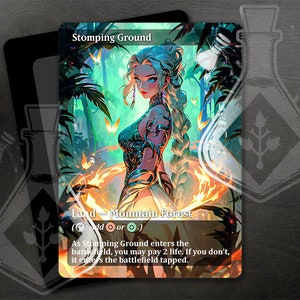 May include: A fantasy-themed Magic: The Gathering card with a green, orange, and blue color scheme. The card features a woman with long white hair and a green and gold outfit. The card text reads "Stomping Ground".