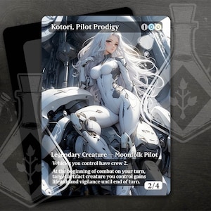 May include: A white and gray illustration of a female character in a white suit, sitting in a large, white robot. The text "Kotori, Pilot Prodigy" is at the top of the card. The text "Legendary Creature - Moonfolk Pilot" is below the character. The text "Vehicles you control have crew 2." is below that. The text "At the beginning of combat on your turn, target artifact creature you control gains life and vigilance until end of turn." is below that. The text "2/4" is in the bottom right corner of the card.