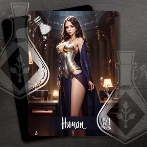May include: A fantasy trading card featuring a woman with long black hair wearing a silver and blue outfit. The card has the text "Human 1/1 Token" on it.