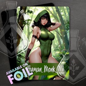 Może przedstawiać: Ilustrowana karta żetonowa przedstawiająca kobietę w zielonym stroju z kapturem stojącą w lesie. Tekst na karcie brzmi "Human Monk 1/1 Token".