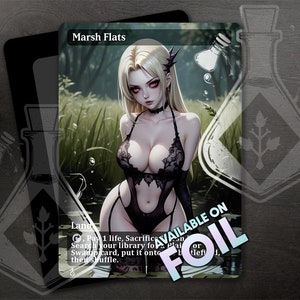 Puede incluir: Una ilustración en blanco y negro de una mujer con un body de encaje negro de pie en un pantano. El texto "Marsh Flats" está en la parte superior de la tarjeta. El texto "Land" está en la parte inferior de la tarjeta. El texto "Pay 1 life, Sacrifice AVAILABLE ON FOIL" está en el lado derecho de la tarjeta.