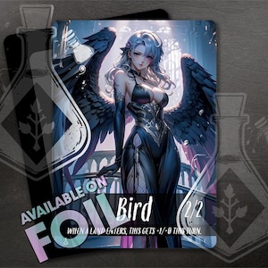 BIRD TOKEN 2/2  - Full Custom Art - Anime Waifu token - Soft-Spoken Raven Maiden Holds Secrets in Silence