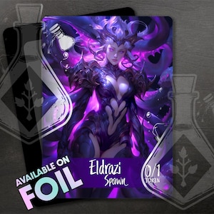 Könnte beinhalten: Eine lila und schwarze Eldrazi Spawn-Token-Karte mit einer weiblichen Kreaturenillustration. Der Kartentext lautet "Eldrazi Spawn 0/1 Token".