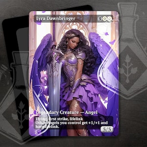 May include: Lyra Dawnbringer, a legendary creature card from the Magic: The Gathering trading card game. The card features a purple and white angel with wings spread wide, holding a sword. The card text reads "Lyra Dawnbringer, 300, Legendary Creature - Angel, Flying, first strike, lifelink, Other Angels you control get +1/+1 and have lifelink, 5/5."