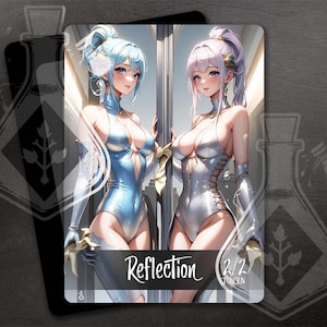 Ficha de reflexión para TCG - Arte personalizado completo - Gemelos magníficos Waifus azules y morados