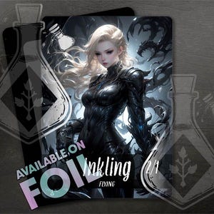 Puede incluir: Una ilustración en blanco y negro de una mujer con el pelo largo y rubio que lleva un traje negro y plateado sobre un fondo oscuro. El texto "Inkling 2/1 FLYING" está en la parte inferior de la imagen.