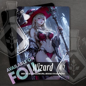 May include: A fantasy art card featuring a female wizard in a red hat and lingerie, holding a staff. The card has the text "Wizard 0/1" and "AVAILABLE ON FOIL". The background is a fantasy scene with rain.