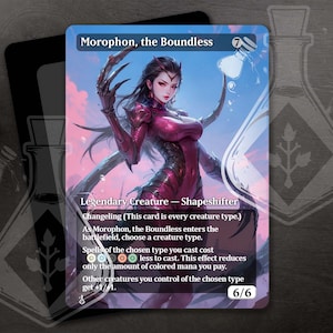 May include: Morophon, the Boundless, a Magic: The Gathering card featuring a female creature with red and black armor, holding a vial. The card text reads "Changeling (This card is every creature type.) As Morophon, the Boundless enters the battlefield, choose a creature type. Spells of the chosen type you cast cost {1} less to cast. This effect reduces only the amount of colored mana you pay. Other creatures you control of the chosen type get +1/+1. 6/6"