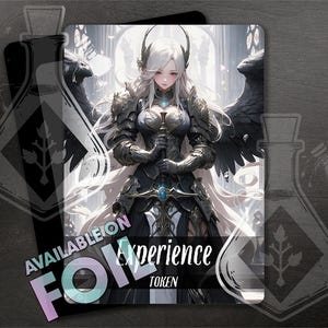 Könnte beinhalten: Eine Fantasy-Art-Karte mit einer Kriegerin mit weißen Haaren, schwarzer Rüstung und großen schwarzen Flügeln. Die Karte trägt den Text "AVAILABLE ON FOIL Experience TOKEN". Der Hintergrund ist ein verschwommenes Bild einer Kathedrale.
